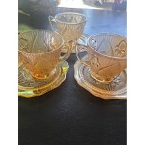 Jeanette Glass Marigold Iris and Herringbone Carnival Glass Cup Saucer 3ct VTG